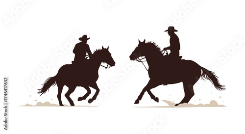 Two silhouette cowboys riding horses galloping fast across open field dusty western scene silhouette