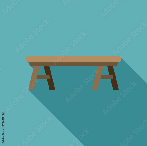 Simple wooden bench casting a long shadow on a turquoise background, ideal for interior design or furniture related projects