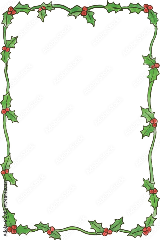 Fototapeta premium Christmas Holly Border – Green Leaves and Red Berries in Wavy Frame for Holiday Cards, Festive Invitations, and Seasonal Decorative Graphic Design