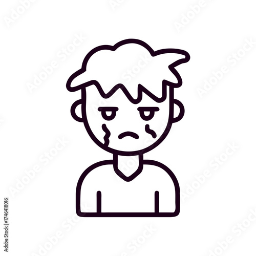 Young boy with messy hair looking sad and distressed in illustration  