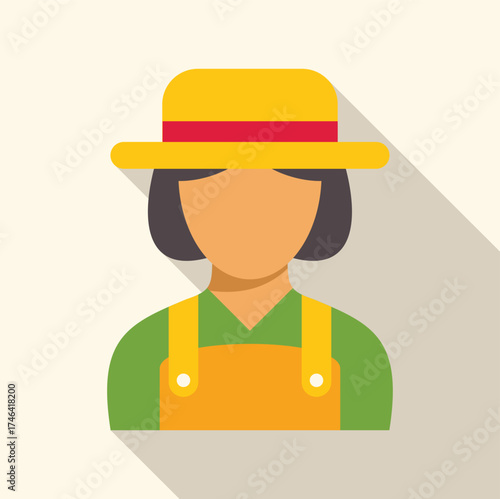 Flat design illustration of a female farmer wearing a straw hat and overalls, representing agriculture and farm work