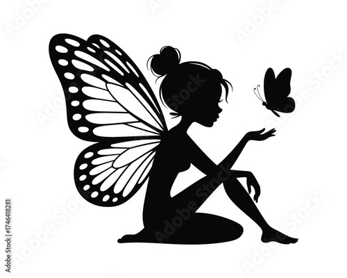 Silhouette Illustration of a Fairy with Butterfly Wings and a Butterfly