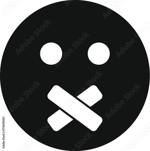 Simple emoticon with crossed tape over its mouth representing silence and censorship