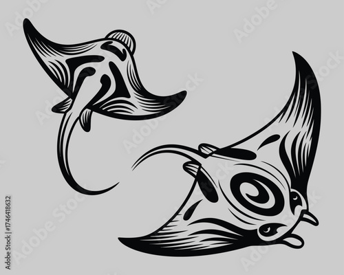 Dynamic Tribal Manta Rays Swimming Ocean Animal Vector Artwork