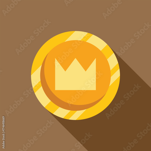 Round golden coin with crown symbol representing royalty, winning, wealth and success, with long shadow on brown background