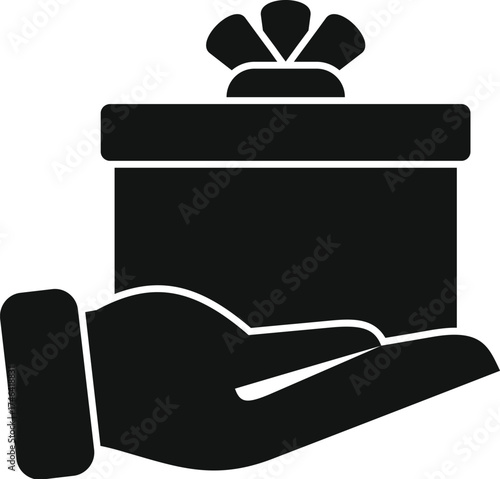 Gift box with ribbon being held in hand, simple black vector icon representing giving a present