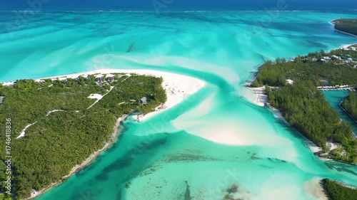 Aerial view of a luxury island with stunning sandbans in the Bahamas.
