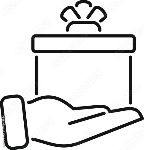 Open hand holding gift box with ribbon, giving present concept, line icon illustration