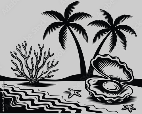 Paradise Beach Scene with Open Oyster, Palm Trees, and Starfish