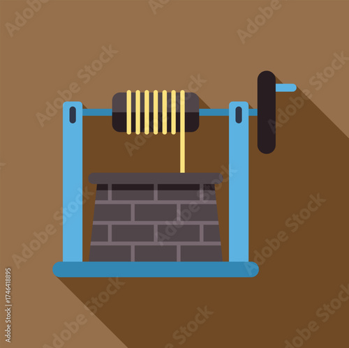Water well is using mechanical crank and rope for lifting bucket