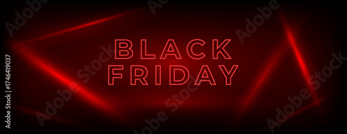 Black Friday red neon banner with diagonal glowing light beams on dark background. Red futuristic luminous design for online discounts, sale, ad, e-commerce promotions, social media ads