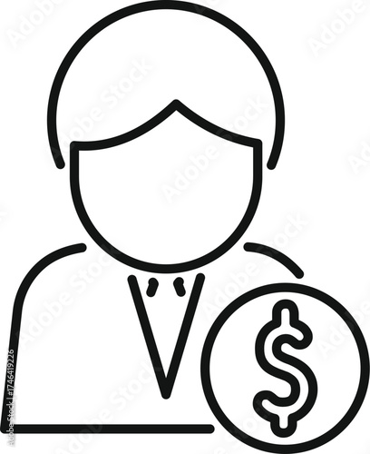 Line drawing of a businessman with a dollar coin, representing investment, profit, and wealth