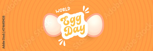 World Egg Day banner with eggs on orange geometric pattern background. International egg day concept horizontal banner poster,flyer, banner design template. Egg food day celebration