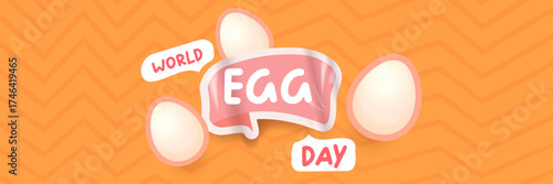World Egg Day banner with eggs on orange geometric pattern background. International egg day concept horizontal banner poster,flyer, banner design template. Egg food day celebration
