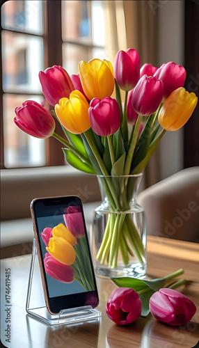 Colorful tulips in vase with smartphone displaying flowers nearby  