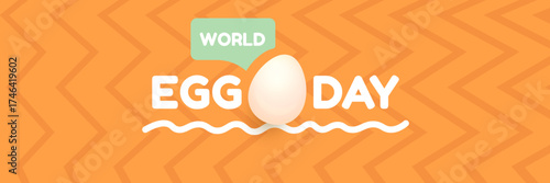 World Egg Day banner with eggs on orange geometric pattern background. International egg day concept horizontal banner poster,flyer, banner design template. Egg food day celebration