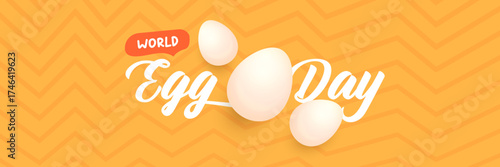 World Egg Day banner with eggs on orange geometric pattern background. International egg day concept horizontal banner poster,flyer, banner design template. Egg food day celebration