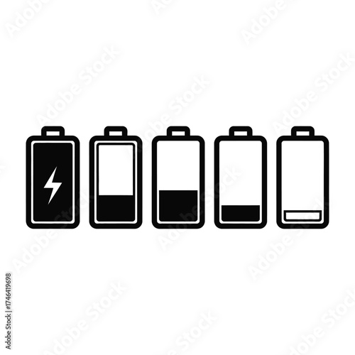 Battery Charge Level Icons power energy full empty indicator low status charging technology device symbol graphic vector illustration