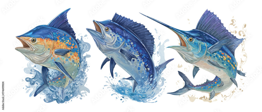 Naklejka premium Colorful Artistic Fish Illustrations with Water Splash and Transparent Background