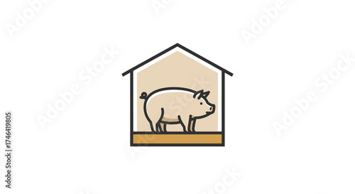 Stylized pig in a house illustration for farm animals and agriculture concepts