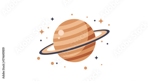 Stylized planet illustration with rings and stars on a white background