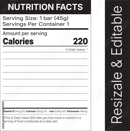 Nutrition facts template – Nutritional calories and ingredients table – Blank label files – eps