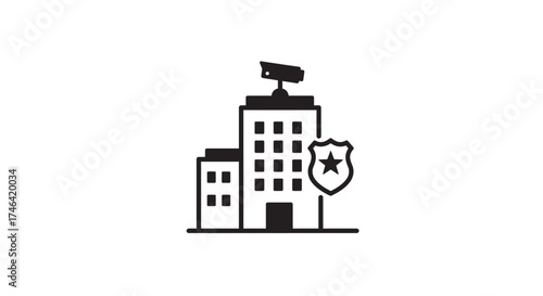 Vector illustration of a building with security camera and a police badge