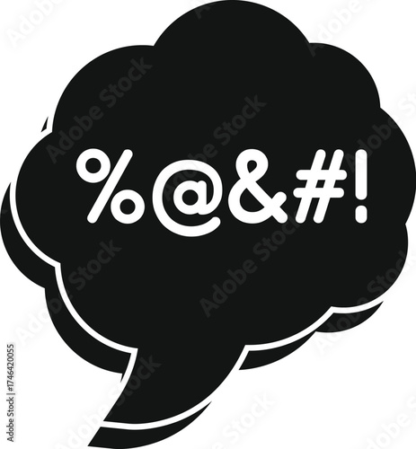 Black speech bubble displays censored vulgarity, representing online censorship or hidden profanity