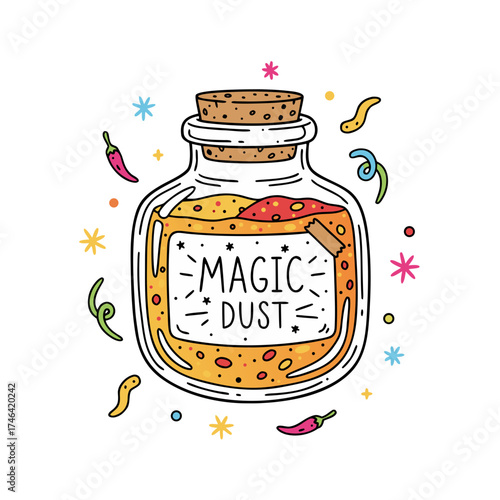 Magic dust spice jar with handwritten label and colorful decorations  