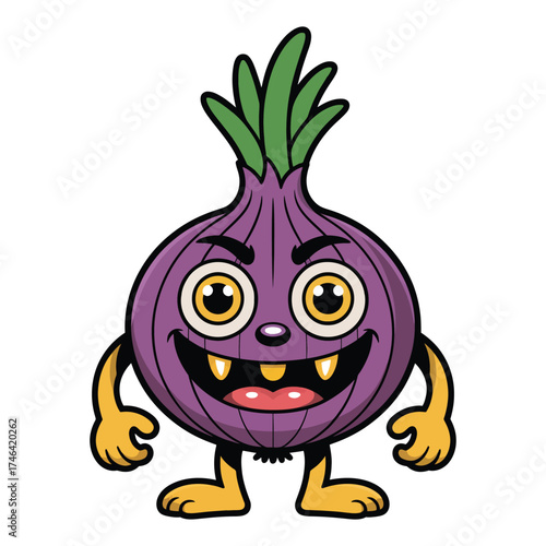 Funny cartoon red onion monster character standing with a toothy grin