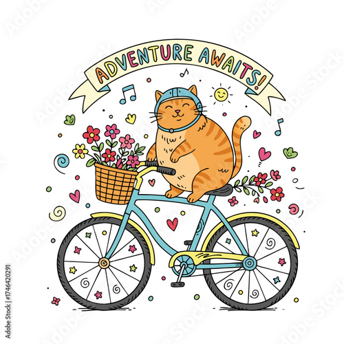 Orange cat riding a bicycle with flowers and adventure theme  