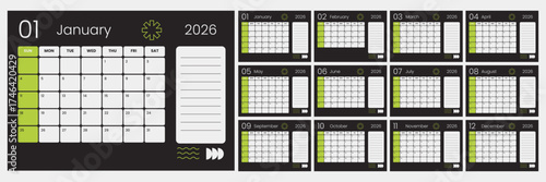 Creative monthly calendar for 2026. Desk calendar template with daily planner.