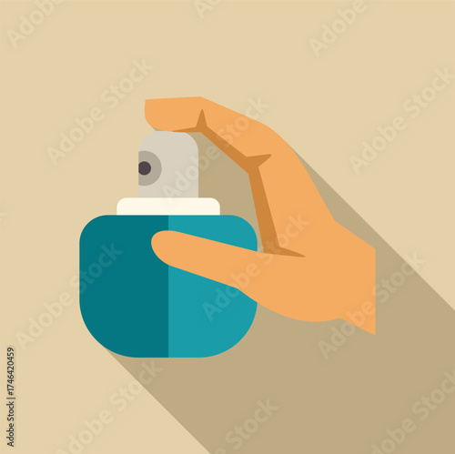 Hand using a blue perfume bottle, spraying fragrance by pressing the nozzle with a finger