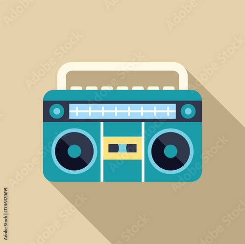 Turquoise vintage boombox playing a cassette tape, with a long shadow on a beige background