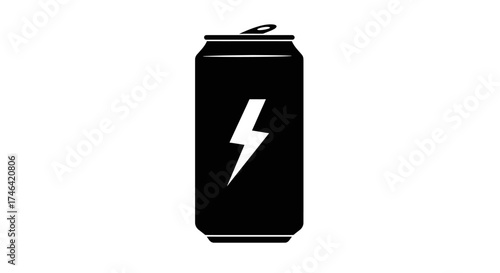 Black energy drink can with white lightning bolt symbol on white background