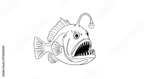 Continuous line drawing of a stylized anglerfish, emphasizing jaw and lure, deep sea hunter design