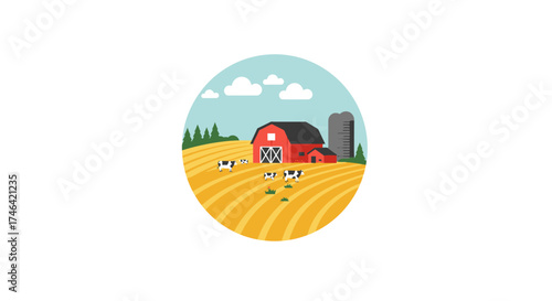Cartoon farm scene with red barn cows and silo in a round composition