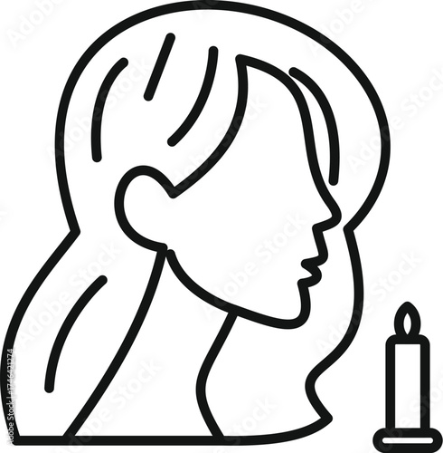 Line art icon of a woman with long hair lighting a candle, perfect for spiritual or religious themes