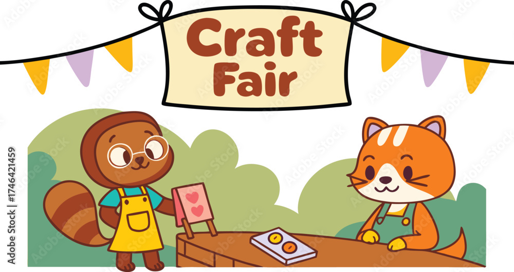 Obraz premium Adorable raccoon and cat running a craft fair booth selling art and handmade goods for kids, a delightful illustration for family events and markets
