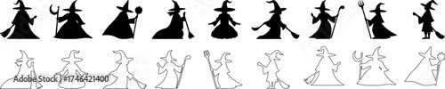 Hand made Set of witch silhouette icons vector illustration in black and white perfect for Halloween designs and spooky themes By illustrator