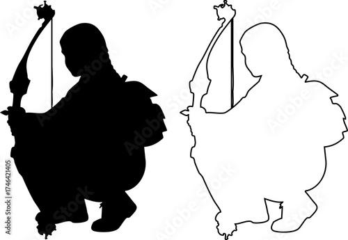 Hand made Silhouette of a hunter with bow and arrow vector illustration in black and white By illustrator
