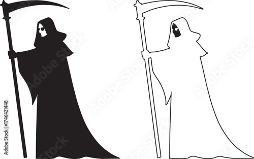 Hand made Grim reaper vector illustration a spooky death figure holding a scythe By illustrator