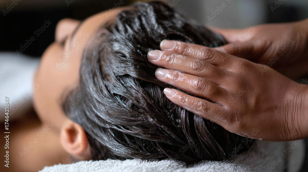 Naklejka premium Relax and rejuvenate with a luxurious scalp massage for healthy hair growth and a serene spa experience at a modern wellness center