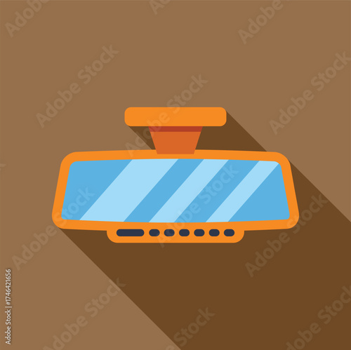 Orange rearview mirror is hanging and reflecting light blue lines, showing road behind