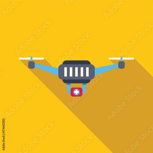 Quadcopter drone carrying first aid kit, delivering medical supplies in emergency situations