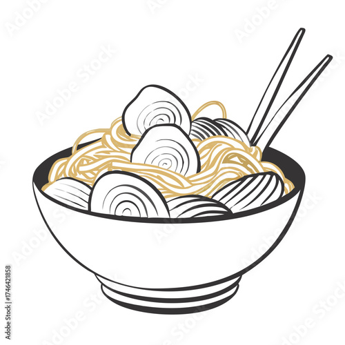 Bowl of fried noodles with vegetables and chopsticks on white background  