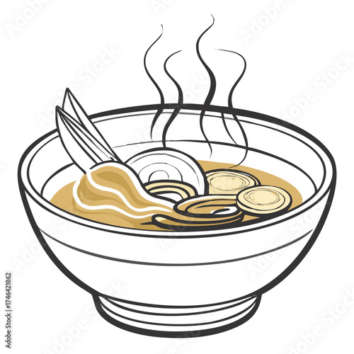 Bowl of pho soup with steam and garnishes in simple style  