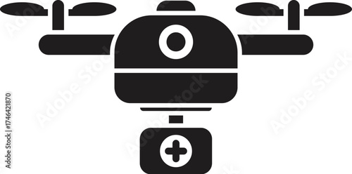 Black silhouette of a drone carrying a first aid kit, representing medical delivery, emergency response, and healthcare technology