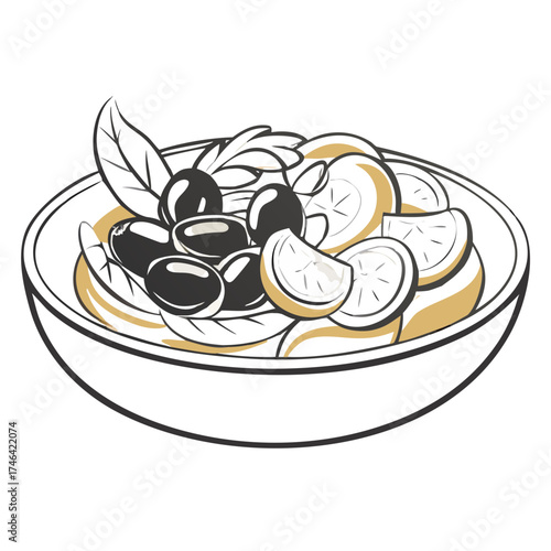 Greek salad with olives, lemon slices, and fresh basil leaves  