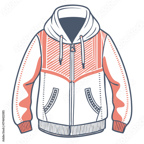 Zip-up hoodie design with orange accents and drawstring hood  